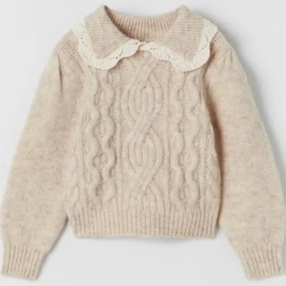 Cozy Beige Cable-Knit Sweater with crochet lace collar